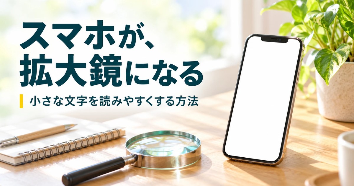 机の上に置かれたスマートフォンと虫眼鏡、ノートのイメージ