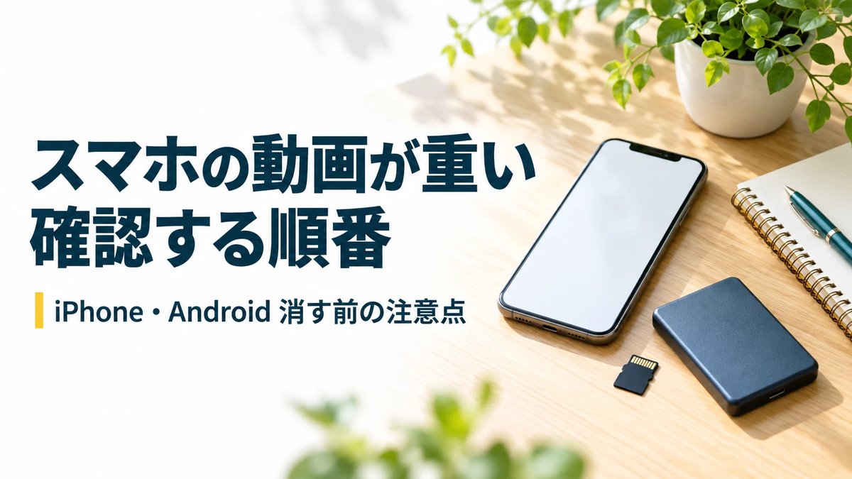 「スマホの動画が重い 確認する順番 iPhone・Android 消す前の注意点」の文字と、スマホ・microSDカード・外付けSSD・ノートとペンが置かれた机の画像